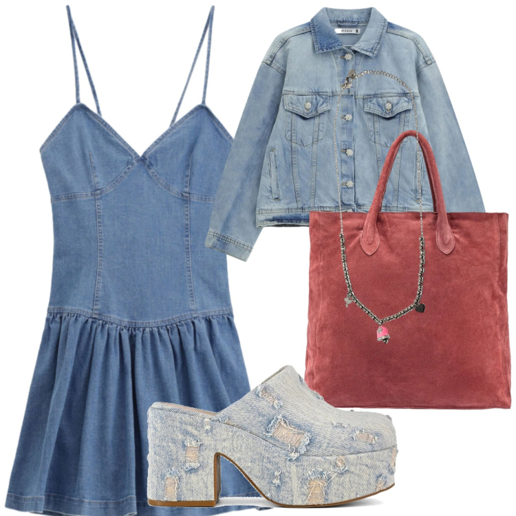 Outfit donna - Look. Stile Sporty chic per Tutti i giorni. Abbinamento con vestiti corti, blazer, ciondoli, sabot, borse a mano.