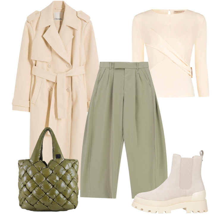 Outfit donna - Verde urbano. Stile Urban per Tutti i giorni. Abbinamento con stivaletti chelsea, trench, pantaloni a palazzo, bluse, borse tote.
