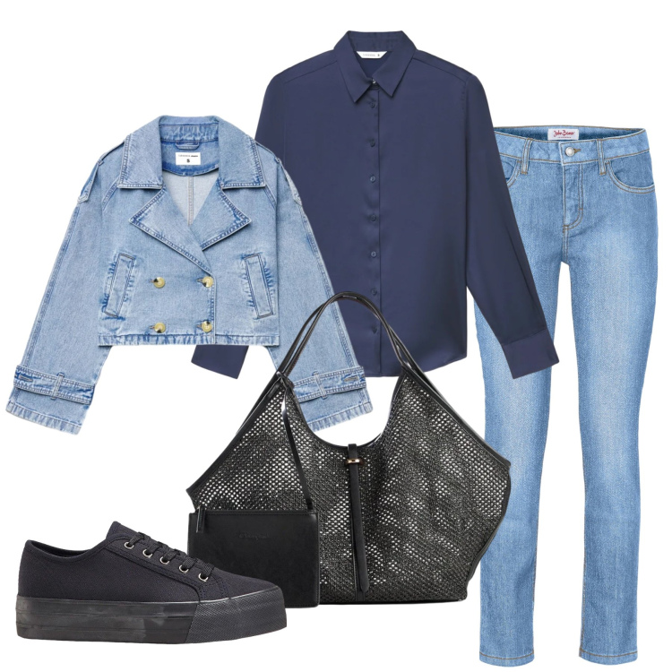 Outfit donna - Total look #2356418. Stile Basic per Tutti i giorni. Abbinamento con sneakers, jeans slim fit, shopping bag, camicie, caban.