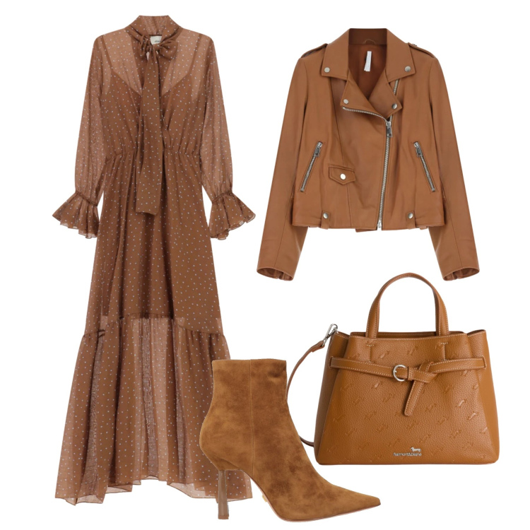 Outfit donna - Serata tabacco e cammello. Stile Casual chic per Serata fuori. Abbinamento con stivaletti, borse a mano, giacche, vestiti lunghi.