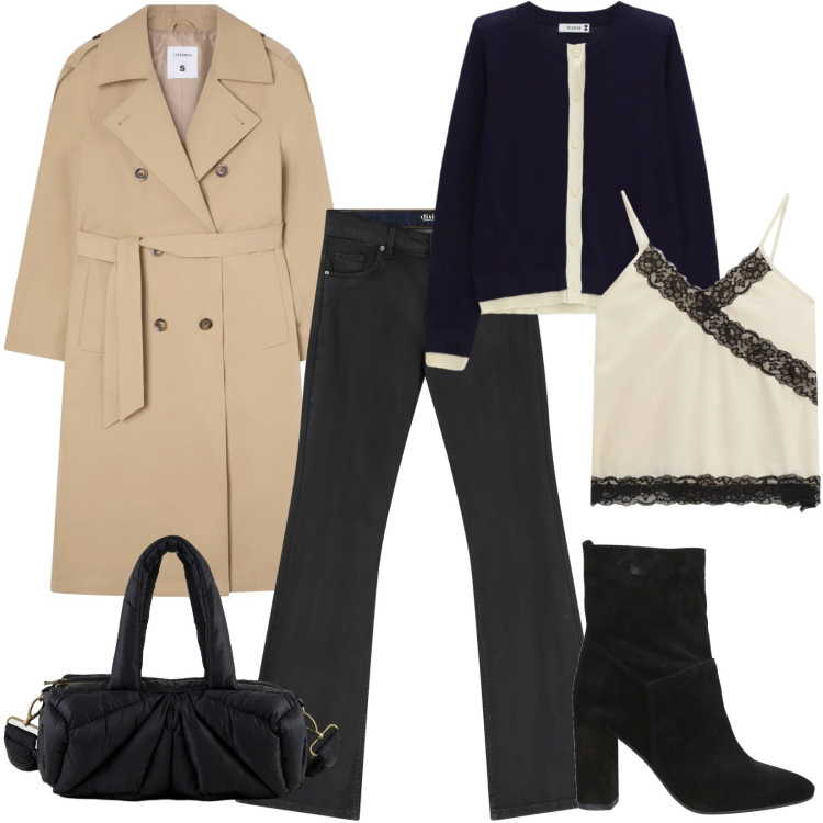 Outfit donna - Il trench a marzo. Stile Minimal per Tutti i giorni. Abbinamento con stivaletti, trench, jeans, top, cardigans, borse a mano.