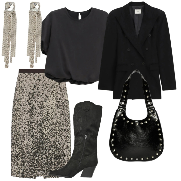 Outfit donna - Lunedì sera. per Serata fuori. Abbinamento con camicie a manica corta, gonne longuette, stivali, borse a spalla, orecchini, blazer.