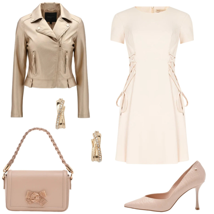 Outfit donna - Rinascimento primavera. Stile Casual chic per Ufficio. Abbinamento con vestiti corti, giacche, pochette, décolleté, orecchini.