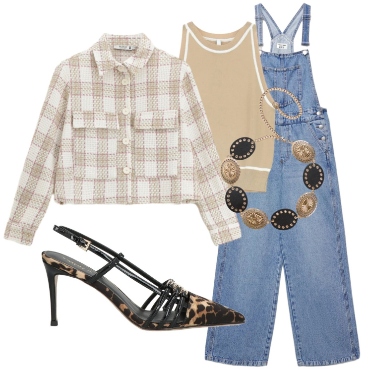 Outfit donna - La salopette di jeans va in ufficio. Stile Glamour per Ufficio. Abbinamento con décolleté, salopette, cinture, top, cappotti.