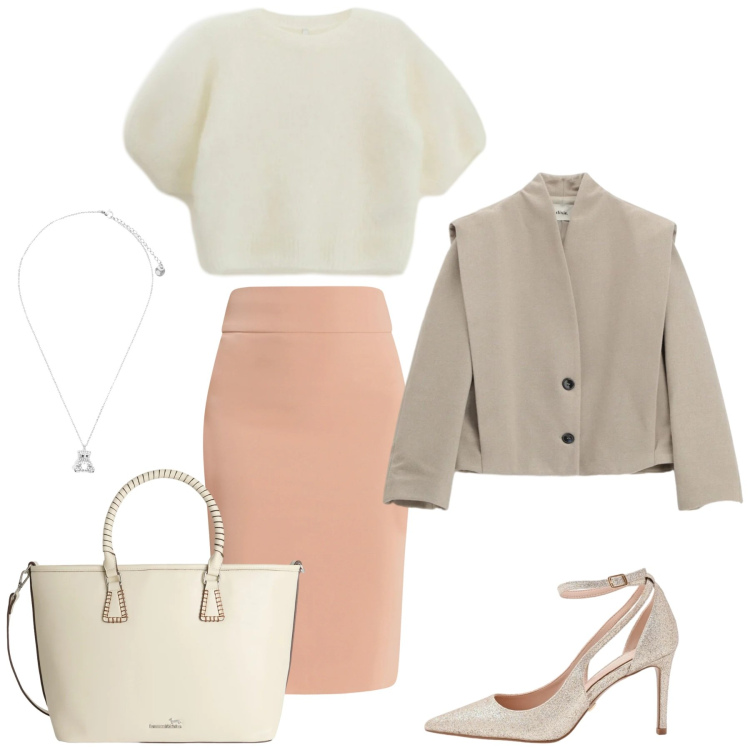 Outfit donna - Il potere dei colori pastello. Stile Casual chic per Ufficio. Abbinamento con shopping bag, t-shirt, blazer, ciondoli, gonne longuette, décolleté.