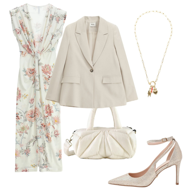 Outfit donna - Fantasie floreali a marzo. Stile Casual chic per Ufficio. Abbinamento con vestiti lunghi, blazer, ciondoli, décolleté, borse a mano.