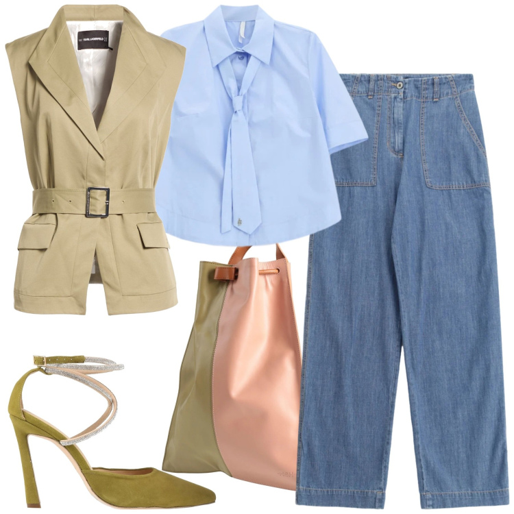 Outfit donna - Denim, but Make It 2026. Stile Glamour per Tutti i giorni. Abbinamento con cinture, décolleté, zaini, camicie a manica corta, jeans.