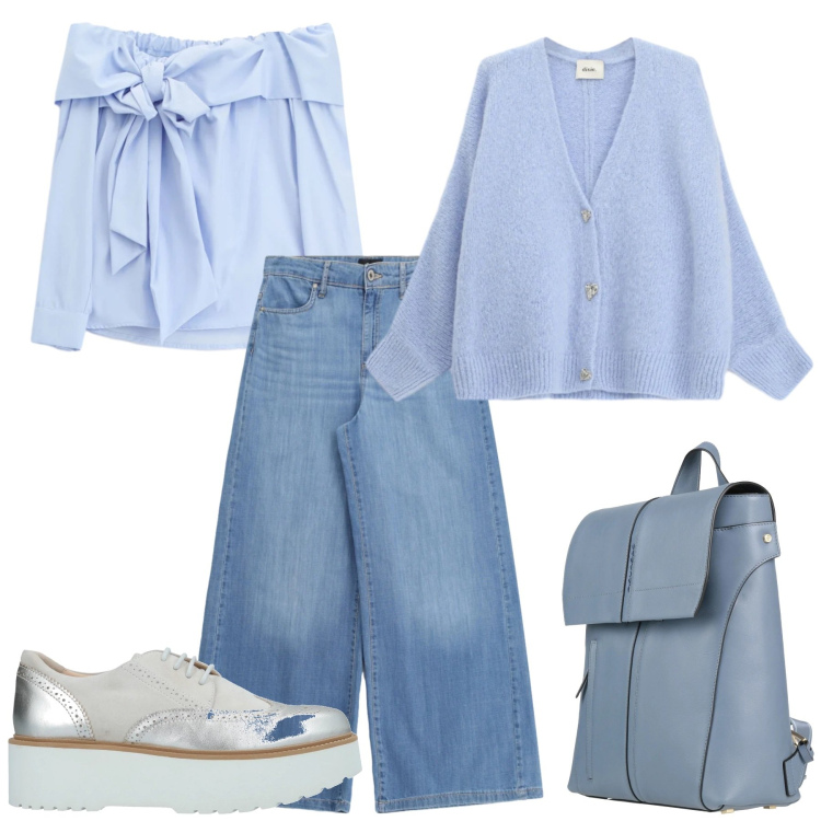Outfit donna - Celeste primavera. Stile Casual chic per Scuola/Università. Abbinamento con scarpe stringate, zaini, top, cardigans, jeans.