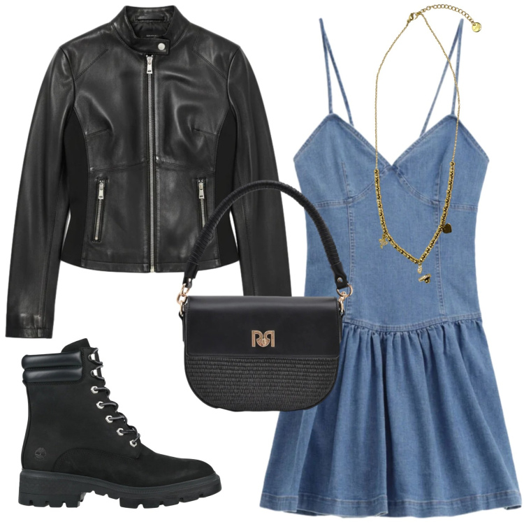 Outfit donna - Mini-dress in jeans. Stile Urban per Tutti i giorni. Abbinamento con stivaletti, ciondoli, vestiti corti, borse a spalla, giacche.