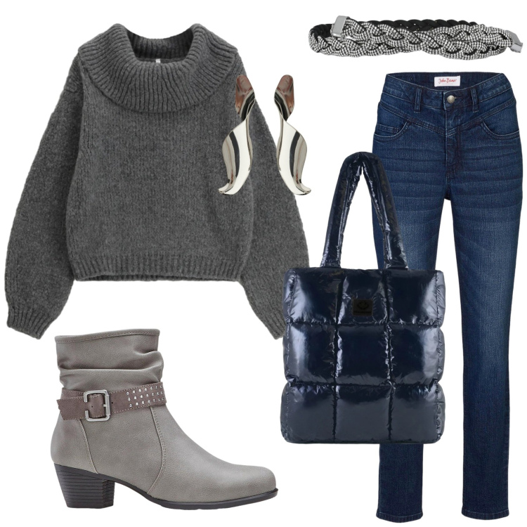 Outfit donna - Casual chic. Stile Casual chic per Tutti i giorni. Abbinamento con stivaletti, jeans skinny, maglieria, cinture, orecchini, shopping bag.