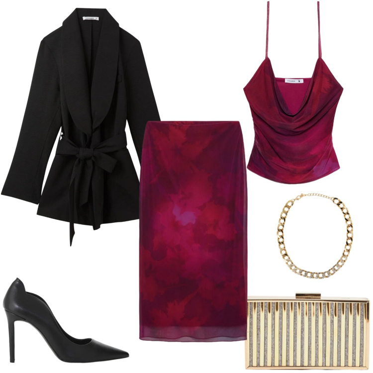 Outfit donna - Serata a teatro. Stile Casual chic per Serata fuori. Abbinamento con gonne longuette, collane, top, blazer, décolleté, clutch.