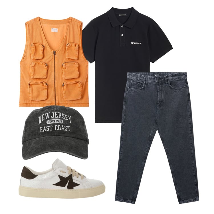 Outfit uomo - Marzo. Stile Urban per Tutti i giorni. Abbinamento con sneakers, gilet, cappelli con visiera, jeans strappati, polo.