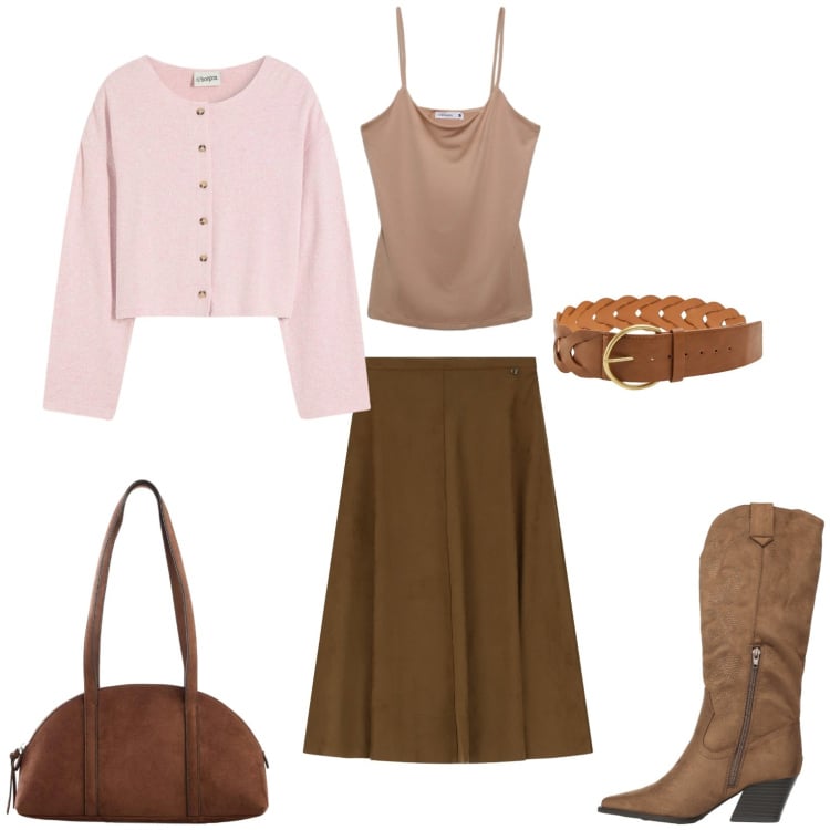 Outfit donna - Essere curata ogni giorno. Stile Casual per Tutti i giorni. Abbinamento con cardigans, borse a tracolla, cinture, stivali, canottiere, gonne longuette.