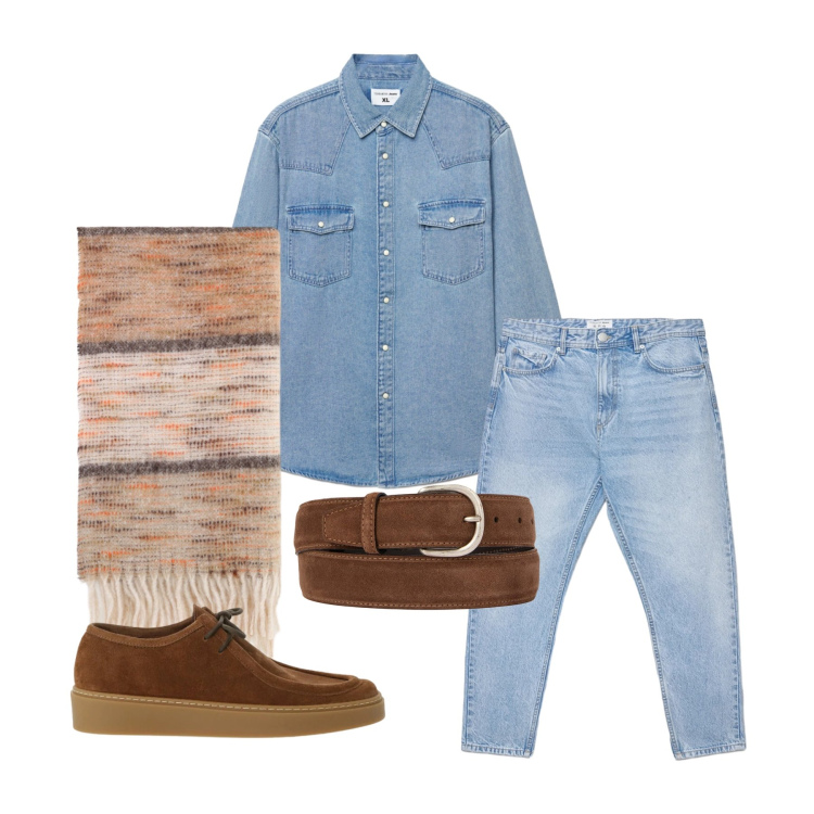 Outfit uomo - Marzo. Stile Casual per Tutti i giorni. Abbinamento con jeans, camicie, scarpe stringate, sciarpe, cinture.