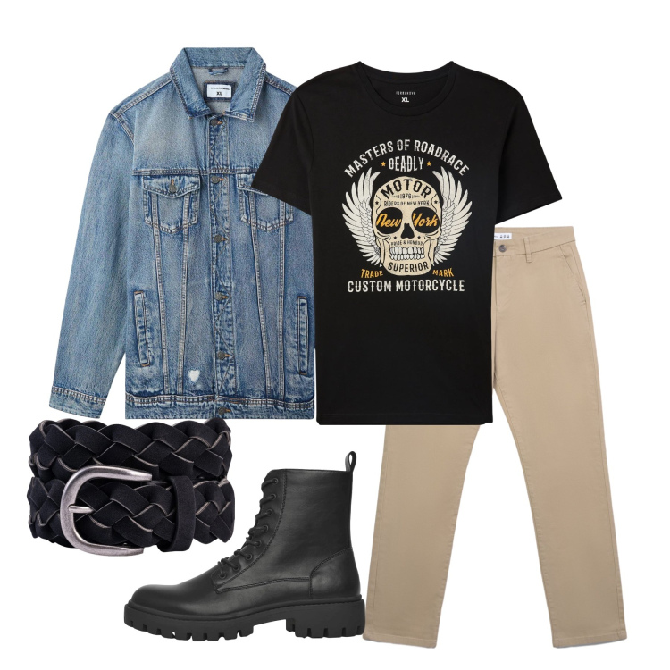 Outfit uomo - Marzo. Stile Urban per Tutti i giorni. Abbinamento con t-shirt, giacche, anfibi, pantaloni chino, cinture.