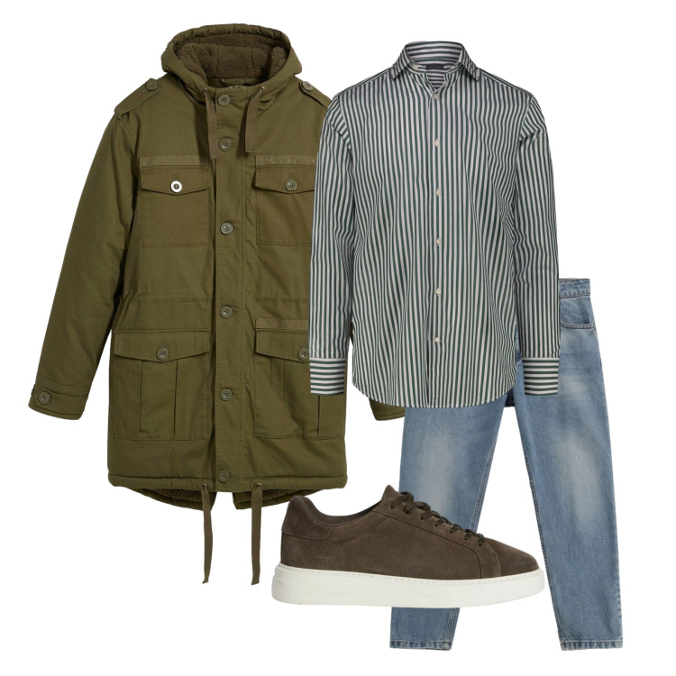 Outfit uomo - Marzo. Stile Trendy per Tutti i giorni. Abbinamento con parka, sneakers, jeans, camicie.