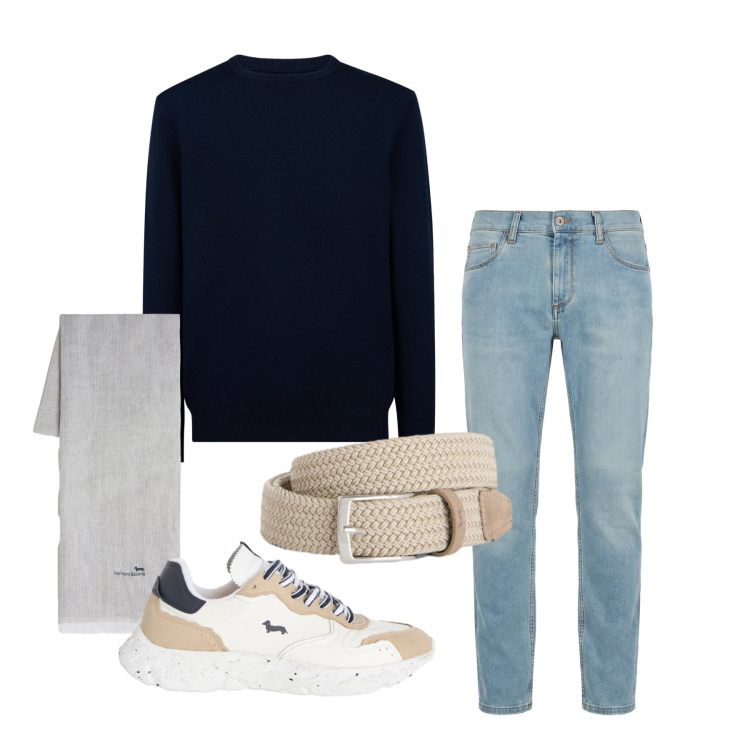 Outfit uomo - Marzo. Stile Casual per Tutti i giorni. Abbinamento con jeans slim fit, cinture, sciarpe, sneakers, maglieria.