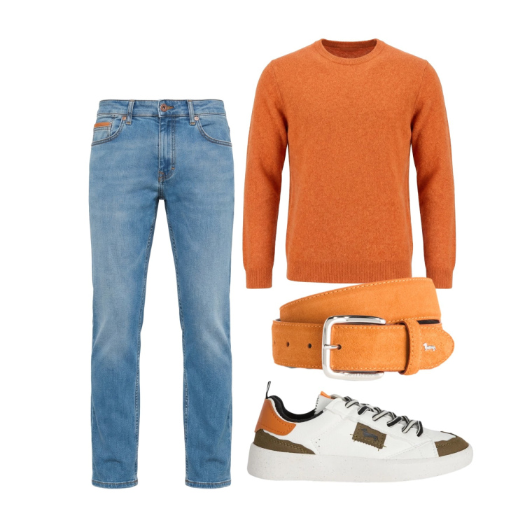Outfit uomo - Marzo. Stile Trendy per Tutti i giorni. Abbinamento con sneakers, cinture, pullovers, jeans.