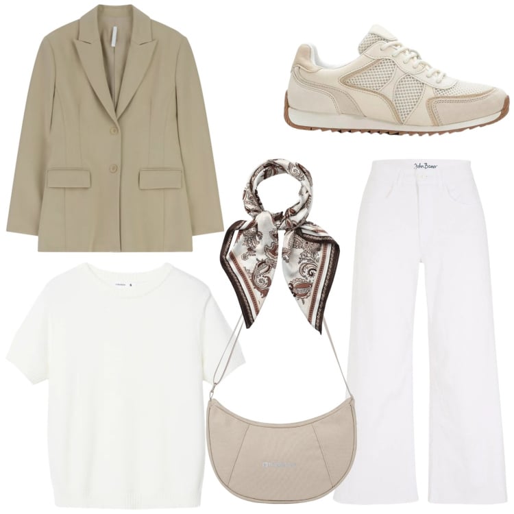 Outfit donna - Minimalismo urbano. Stile Urban per Tutti i giorni. Abbinamento con jeans, sneakers alte, foulard, t-shirt, blazer, borse a spalla.