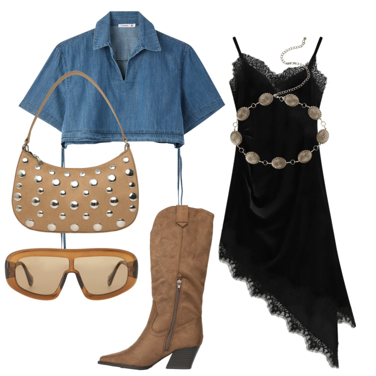 Outfit donna - Marzo. Stile Trendy per Tutti i giorni. Abbinamento con camicie a manica corta, cinture, stivali, borse a tracolla, vestiti asimmetrici, occhiali da sole.