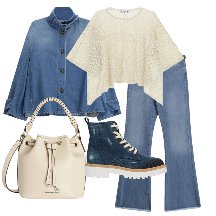 Outfit donna - Marzo. Stile Trendy per Tutti i giorni. Abbinamento con stivaletti, borse a secchiello, jeans, top, blazer.