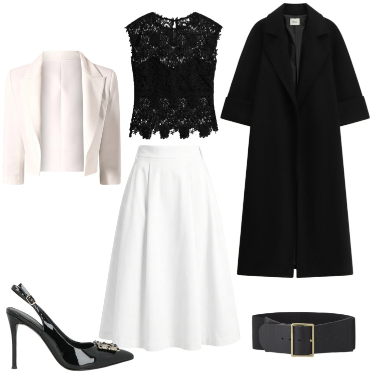 Outfit donna - Eleganza black and white. Stile Chic per Serata fuori. Abbinamento con décolleté, top, gonne longuette, cinture, cappotti, blazer.