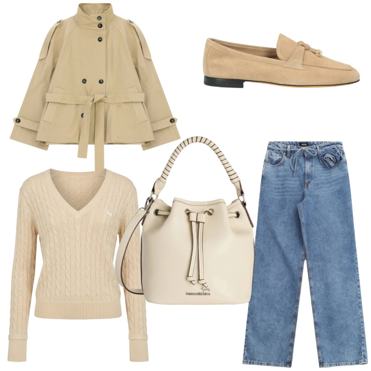 Outfit donna - Jeans & trench in città. Stile Urban per Tutti i giorni. Abbinamento con mocassini, pullovers, borse a secchiello, trench, jeans.