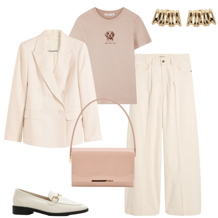 Outfit donna - Marzo. Stile Urban per Tutti i giorni. Abbinamento con jeans, blazer, mocassini, t-shirt, orecchini, pochette.