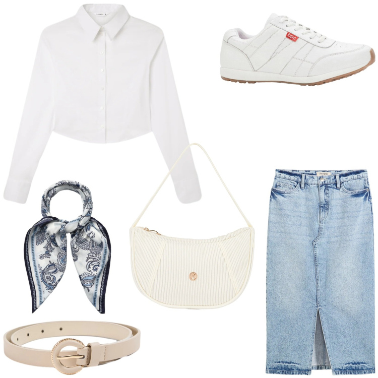 Outfit donna - Tempo libero. Stile Casual chic per Tutti i giorni. Abbinamento con sneakers, gonne longuette, foulard, camicie, cinture, borse a mano.