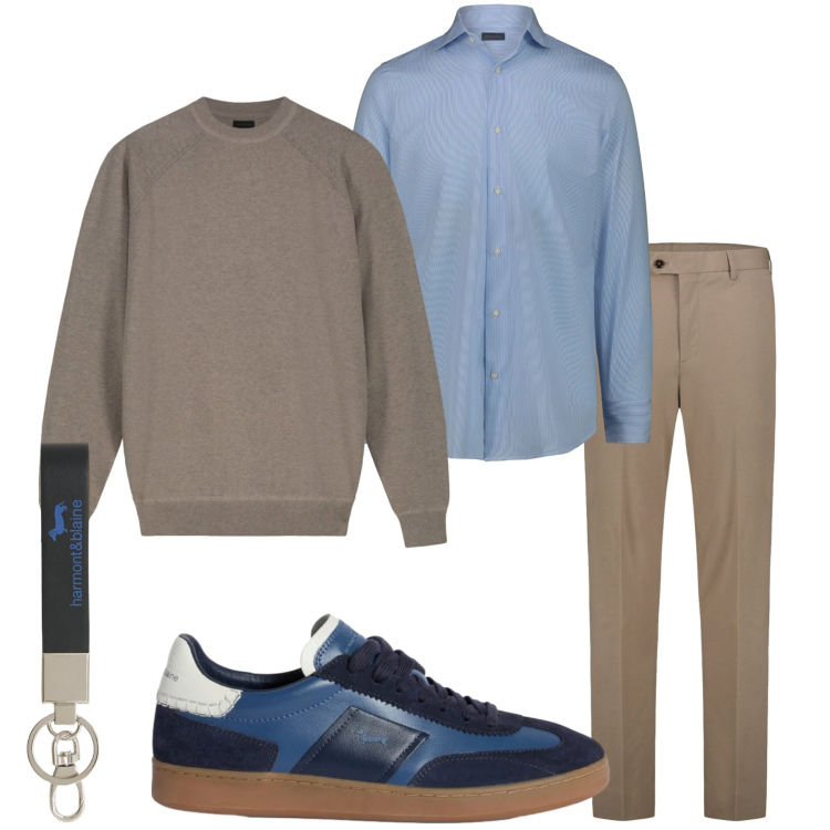 Outfit uomo - In ufficio. Stile Urban per Ufficio. Abbinamento con sneakers, portachiavi, pantaloni, maglieria, camicie.