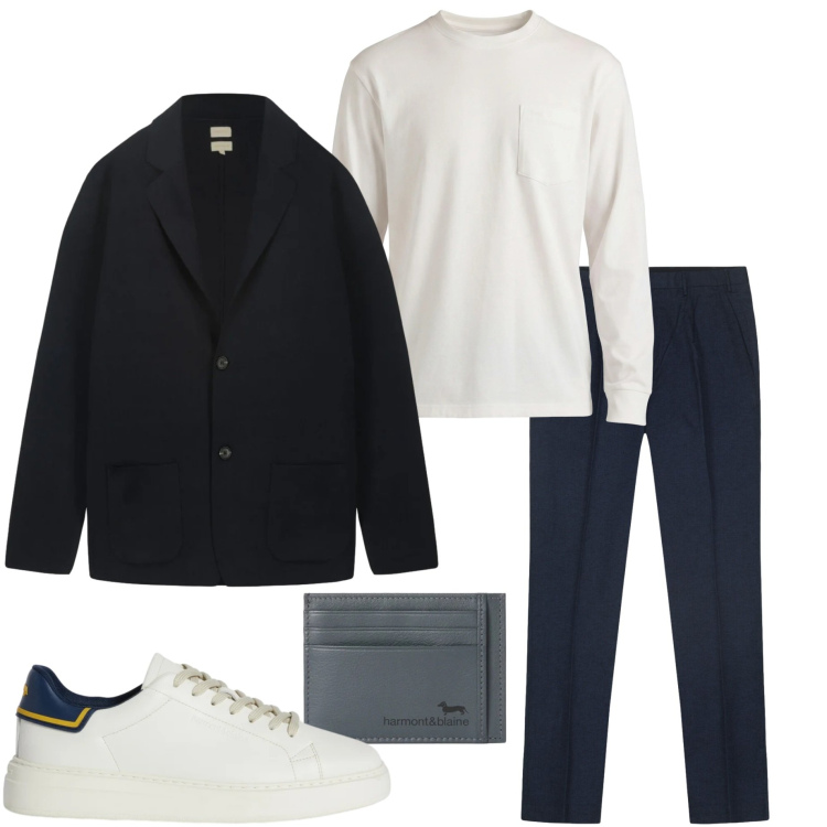 Outfit uomo - Casual raffinato. Stile Casual per Ufficio. Abbinamento con sneakers, t-shirt, portafogli, cardigans, pantaloni.