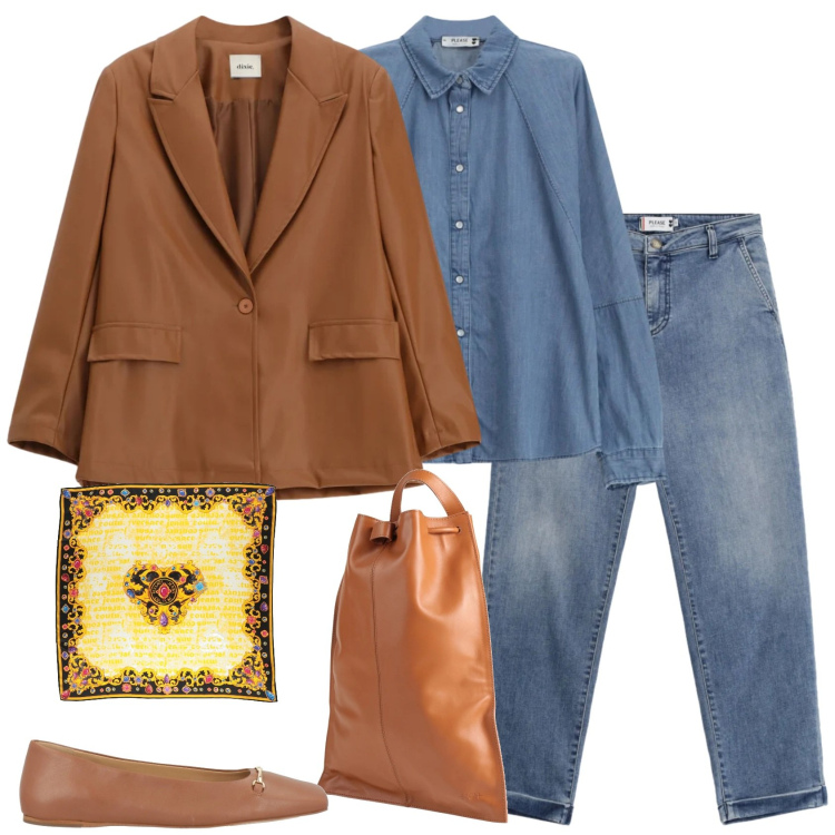 Outfit donna - Total denim and cacao. Stile Casual per Scuola/Università. Abbinamento con ballerine, zaini, sciarpe, blazer, jeans, camicie.