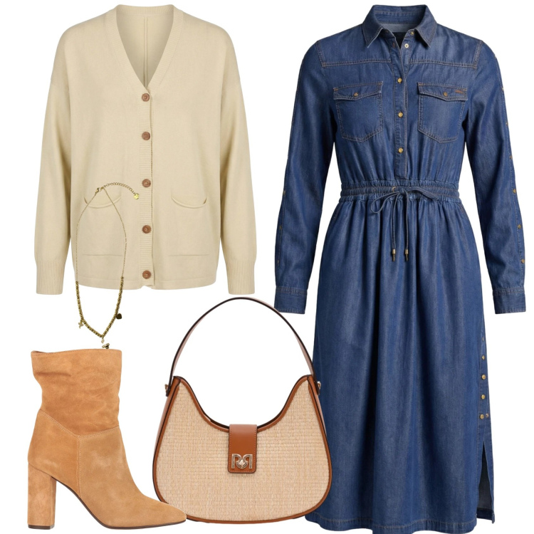 Outfit donna - Il vestito di jeans. Stile Casual chic per Ufficio. Abbinamento con stivaletti, vestiti chemisier, cardigans, ciondoli, borse a spalla.