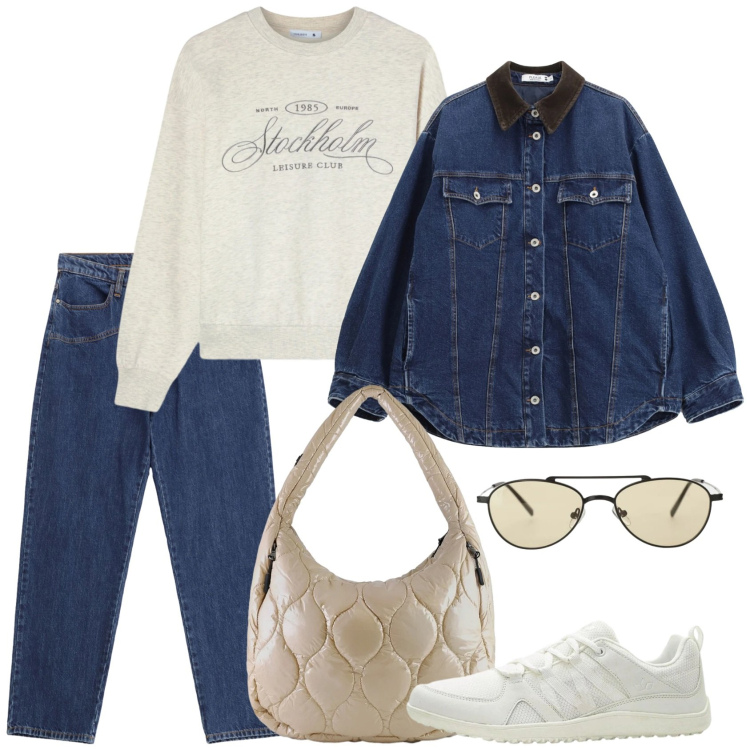 Outfit donna - La base. Stile Basic per Tutti i giorni. Abbinamento con sneakers, felpe, occhiali da sole, jeans, blazer, borse tote.