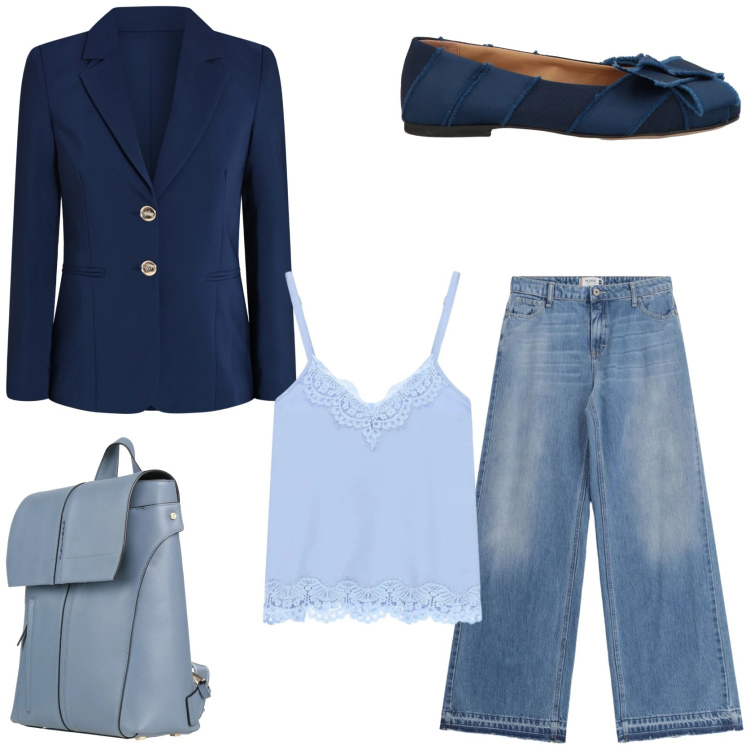 Outfit donna - Business denim. Stile Casual chic per Ufficio. Abbinamento con ballerine, zaini, top, jeans, blazer.
