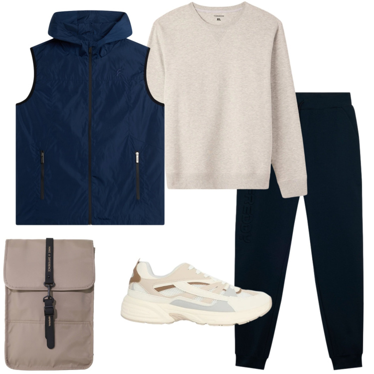 Outfit uomo - Casual style. Stile Casual per Sport. Abbinamento con borse sportive, felpe, sneakers, pantaloni, piumini.