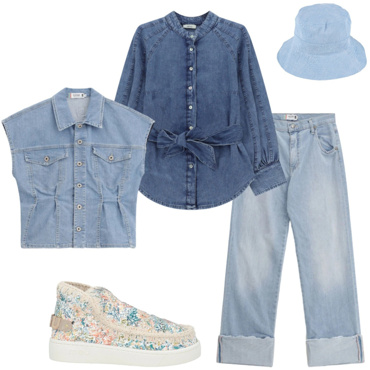 Outfit donna - Denim protagonista. Stile Casual chic per Tutti i giorni. Abbinamento con stivaletti, cappelli, camicie, jeans dritti, gilet.