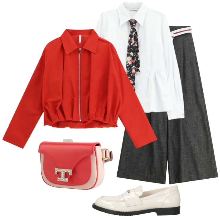 Outfit donna - Oggi cravatta a fiori e marsupio. Stile Glamour per Scuola/Università. Abbinamento con marsupi, mocassini, pantaloni a palazzo, bomber, camicie.