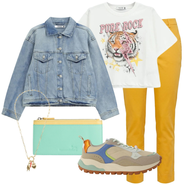 Outfit donna - Casual & office. Stile Casual per Ufficio. Abbinamento con pantaloni, portafogli, sneakers, blazer, t-shirt, ciondoli.