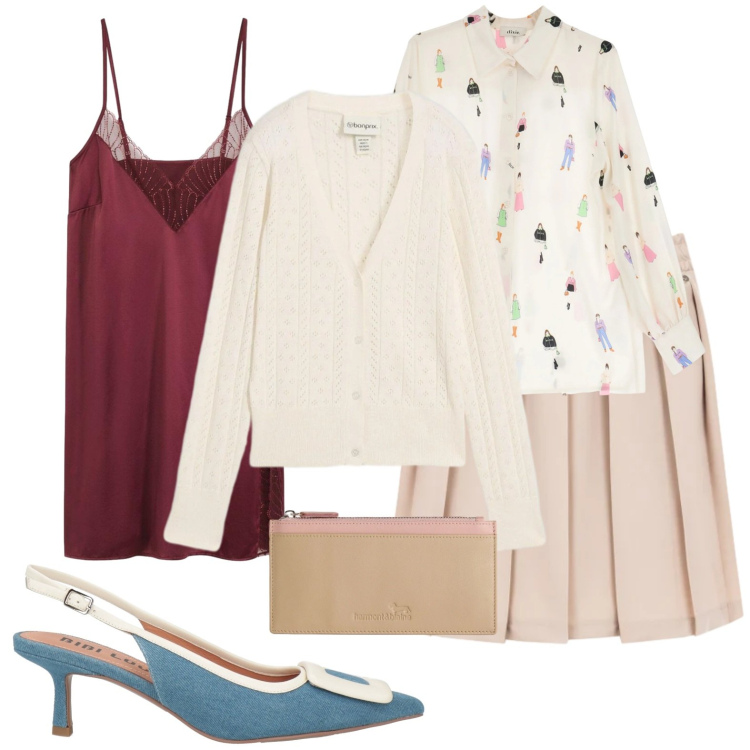 Outfit donna - Sottoveste e gonna a pieghe. Stile Bon Ton per Ufficio. Abbinamento con décolleté, sottovesti, cardigans, portafogli, camicie, minigonne.