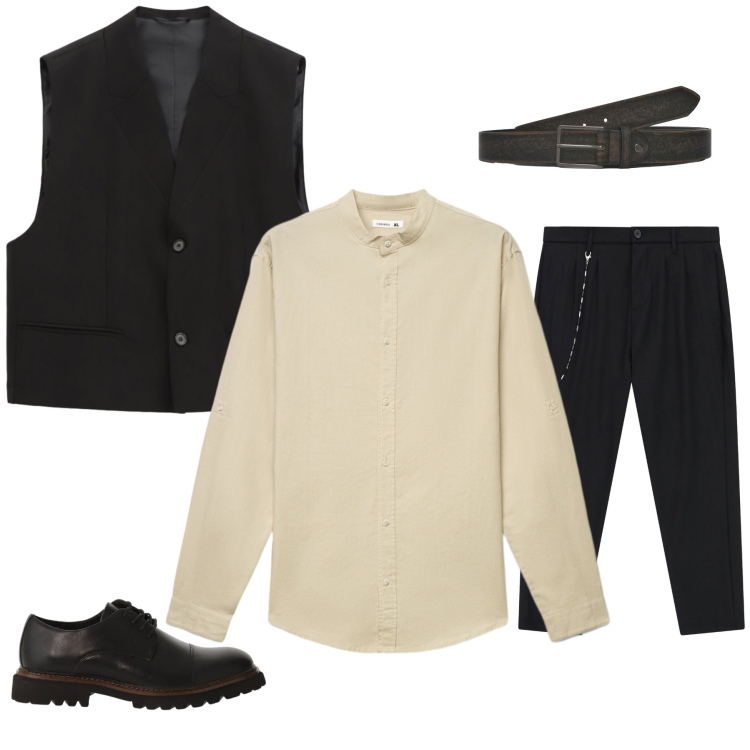 Outfit uomo - Minimalismo Moderno. Stile Trendy per Tutti i giorni. Abbinamento con camicie, cinture, gilet, pantaloni, scarpe stringate.