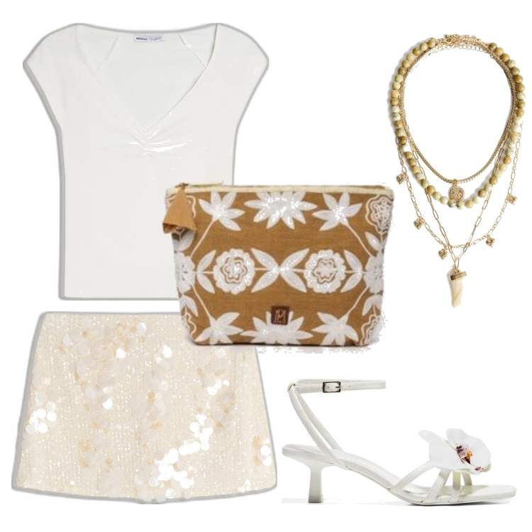 Outfit mujer - Trendy look. Estilo Trendy para Todos los días. Combinación con sandalias de tacón, faldas, camiseta, bolsos de mano, colgantes.