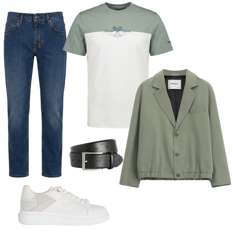 Outfit uomo - Weekend al Club. Stile Urban per Tutti i giorni. Abbinamento con jeans, sneakers, cinture, t-shirt, giacche.