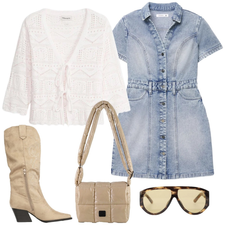 Outfit donna - Total look #2356572. Stile Casual per Tutti i giorni. Abbinamento con cardigans, stivali, vestiti corti, occhiali da sole, borse a spalla.