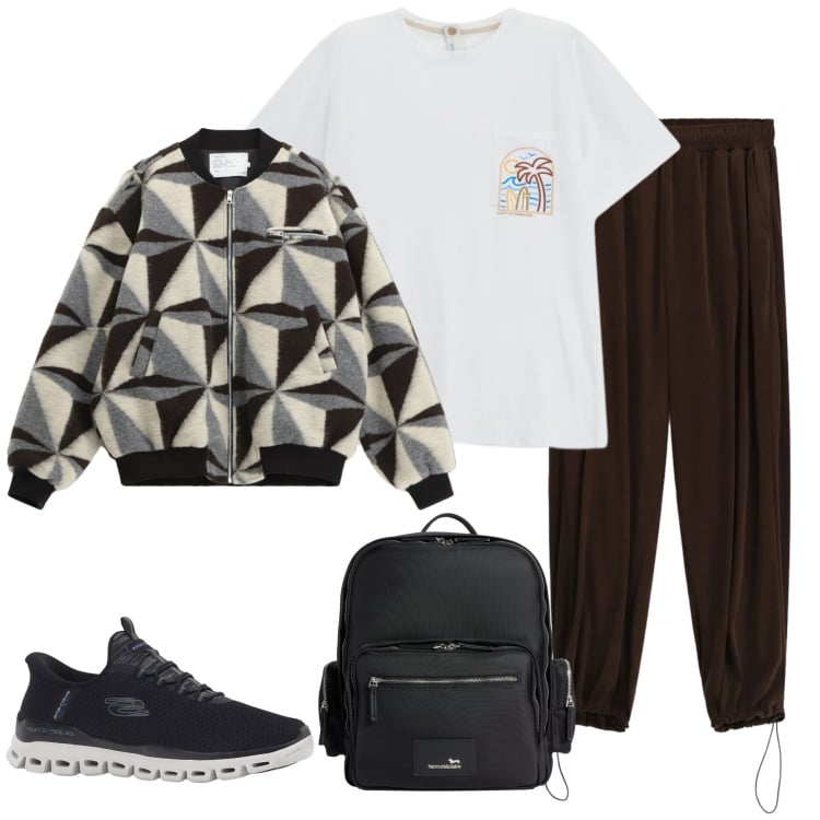 Outfit uomo - Geometrie Urbane. Stile Casual per Tutti i giorni. Abbinamento con sneakers, borse sportive, t-shirt, pantaloni, giacche.