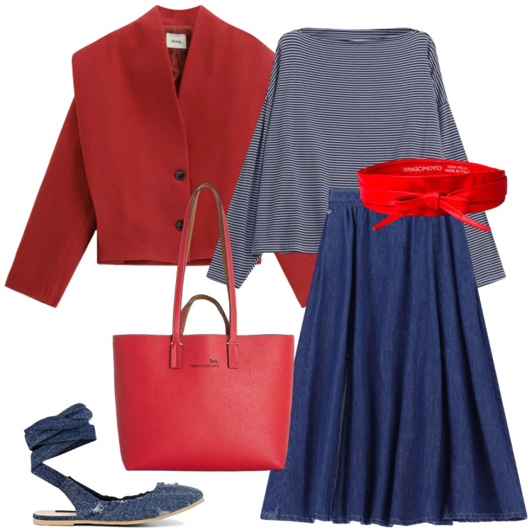 Outfit donna - Total look #2356577. Stile Casual chic per Tutti i giorni. Abbinamento con shopping bag, blazer, t-shirt, gonne lunghe, cinture, ballerine.