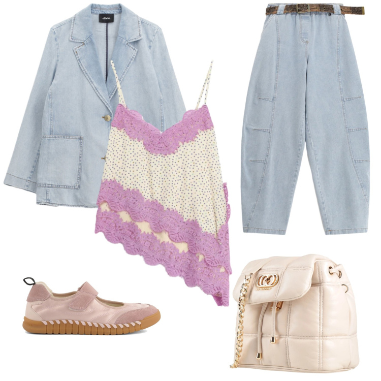 Outfit donna - Un Tocco Bohémien Contemporaneo. Stile Boho per Tutti i giorni. Abbinamento con valigie, top, blazer, jeans, ballerine.