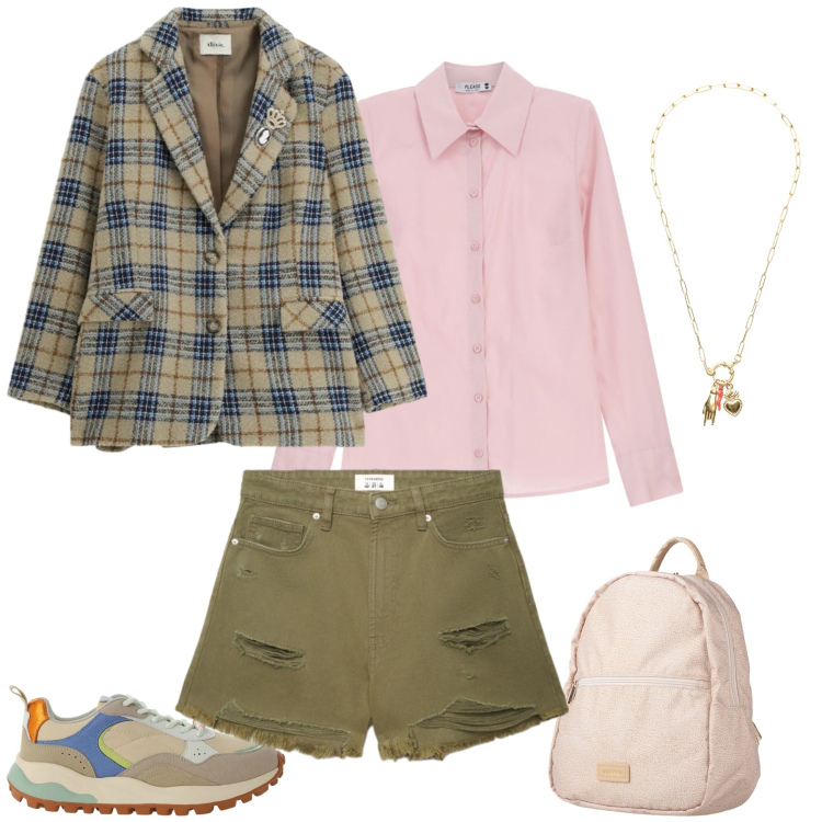Outfit donna - Preppy-Grunge Mashup. Stile Preppy per Tutti i giorni. Abbinamento con zaini, shorts, blazer, sneakers, ciondoli, camicie.