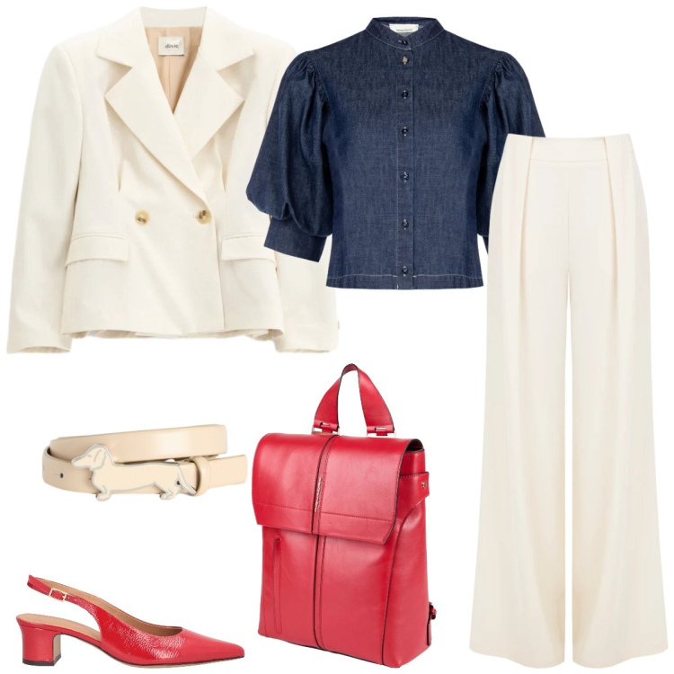 Outfit donna - Total look #2356581. Stile Chic per Ufficio. Abbinamento con décolleté, zaini, cinture, blazer, pantaloni a palazzo, camicie a manica corta.