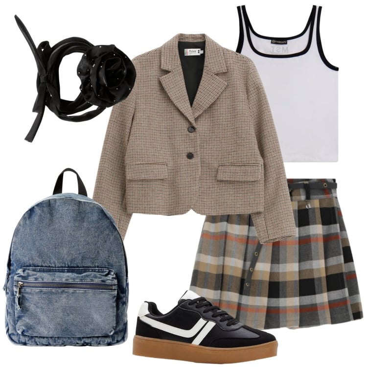 Outfit donna - A scuola con gonna a pieghe. Stile Urban per Scuola/Università. Abbinamento con sneakers, collane, zaini, minigonne, canottiere, blazer.
